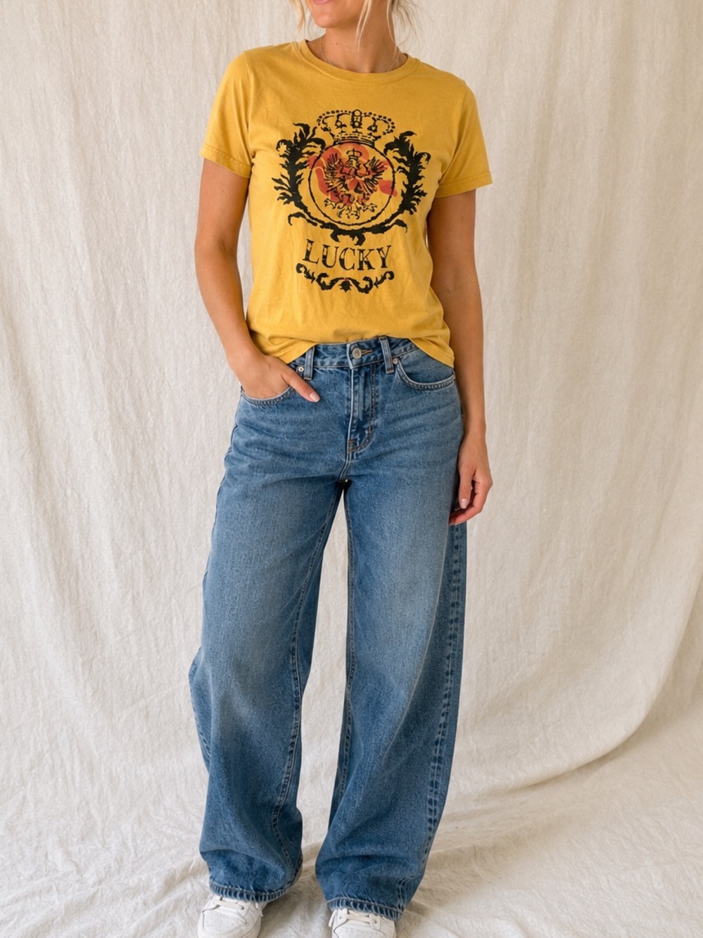 Vintage Y2K Lucky Brand Graphic Tee Mustard Yellow Grunge M - Picture 1 of 5